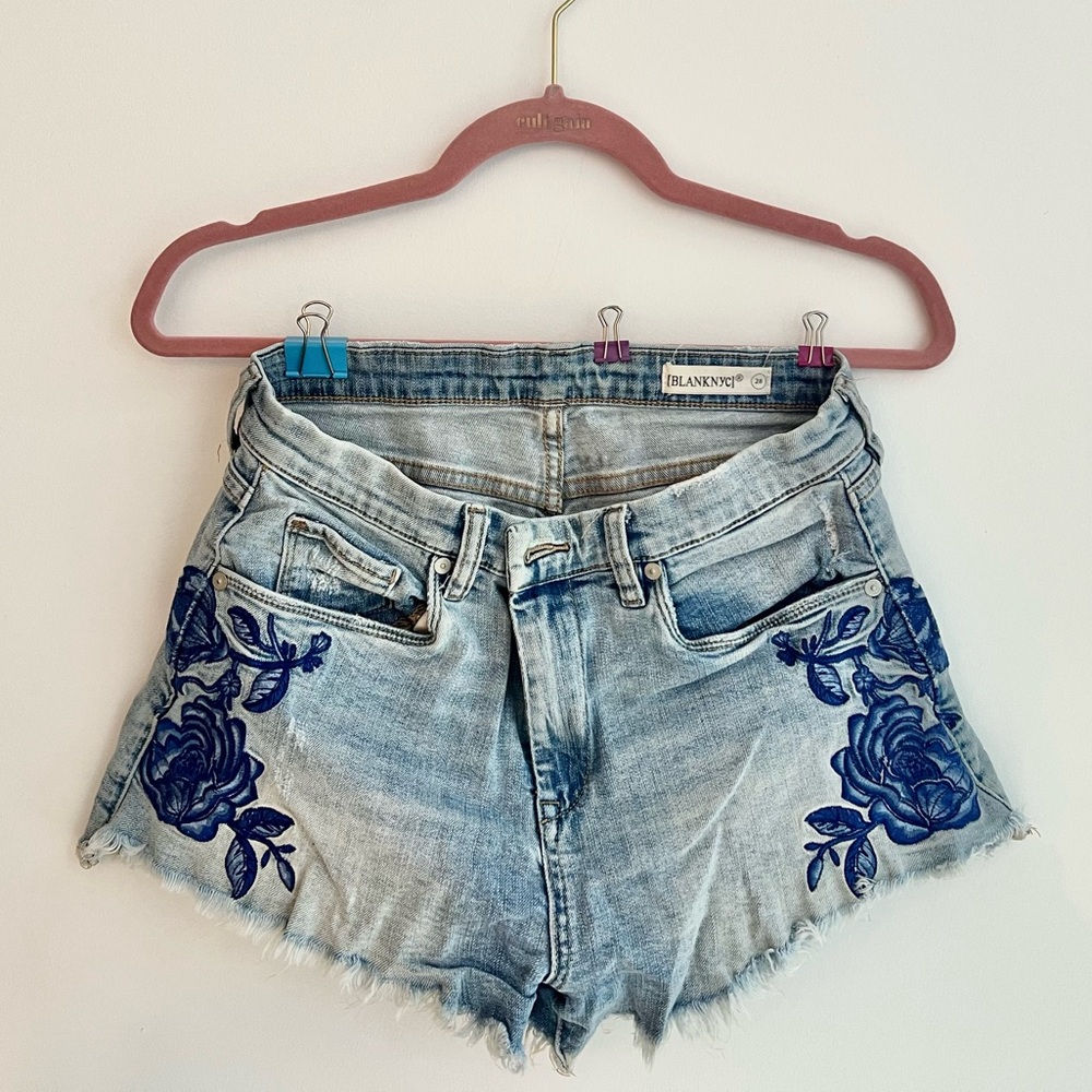 Blank NYC Light Blue Jean Shorts with Dark Blue Embroidery